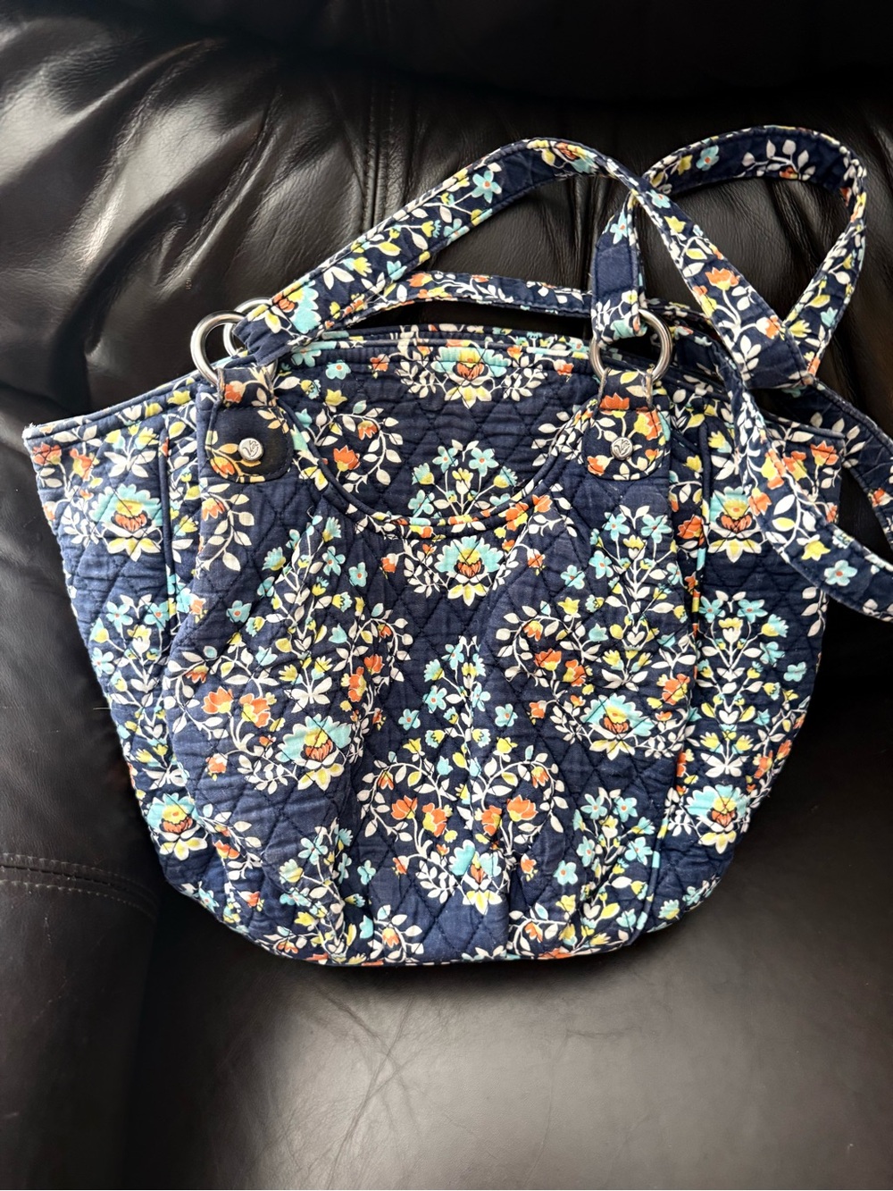 Vera Bradley Navy Quilted Shoulder Bag with Orange Floral Accents